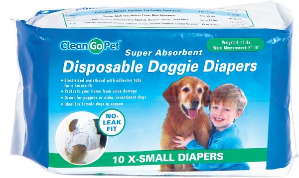 Clean Go Pet Super Absorbent Disposable Male & Female Dog Diapers, X-Small: 9 to 18-in waist, 10 count slide 1 of 4