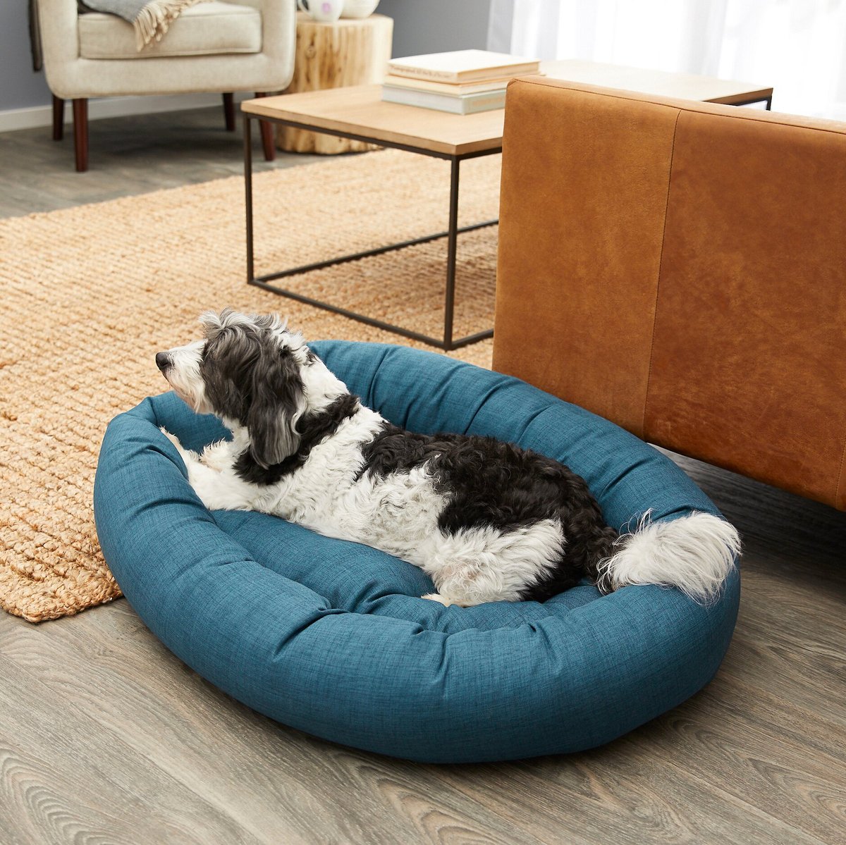 FRISCO Faux Linen Round Bolster Dog Bed W Removable Cover Indigo   205035 Main. AC SL1200 V1583423631  