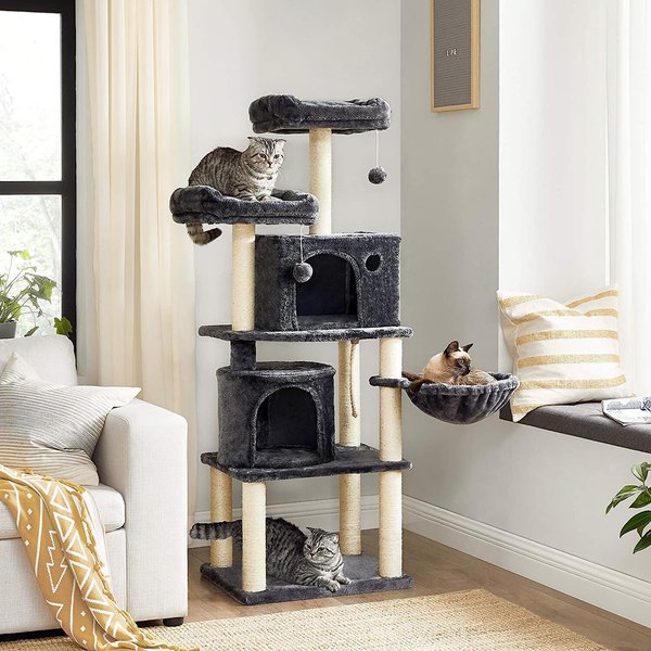 FEANDREA 55.1in Faux Fleece Cat Tree & Condo, Dark Gray