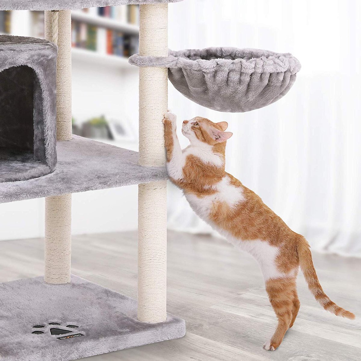 FEANDREA Cat Tree with 3 Beds & Cave, Medium, Rustic Brown/White