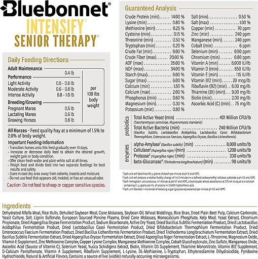 Bluebonnet Feeds Intensify Senior Therapy Low Sugar, Low Starch Senior Horse Feed, 50-lb bag