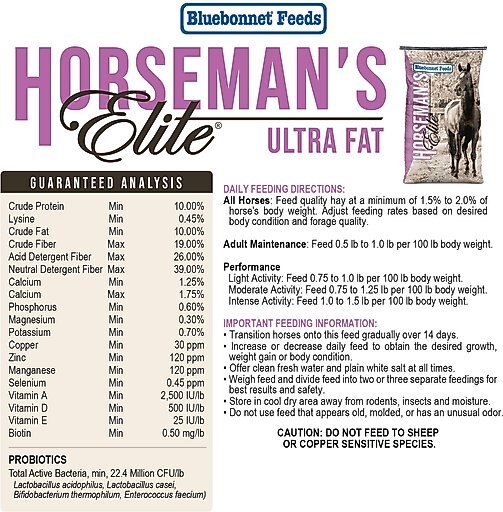 Bluebonnet Feeds Horsemans Elite Ultra Fat High Fat Horse Feed, 50-lb bag
