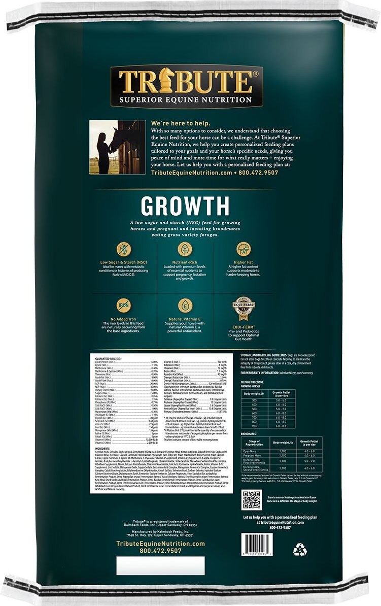 TRIBUTE EQUINE NUTRITION Growth Pellet LowNSC, MolassesFree Horse Feed, 50lb bag