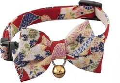 Necoichi Chirimen Kimono Bow Tie Breakaway Cat Collar with Bell, Red, 8.2 to 13.7-in neck, 2/5-in wide