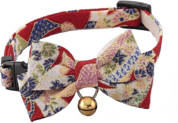 Necoichi Chirimen Kimono Bow Tie Breakaway Cat Collar with Bell, Red, 8.2 to 13.7-in neck, 2/5-in wide slide 1 of 5