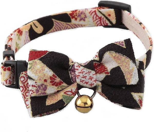 Necoichi Chirimen Kimono Bow Tie Breakaway Cat Collar with Bell, Black, 8.2 to 13.7-in neck, 2/5-in wide slide 1 of 5