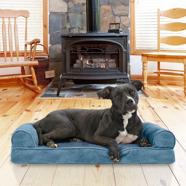 FurHaven Faux Fur Memory Top Bolster Dog Bed w/Removable Cover, Harbor Blue, Medium slide 1 of 10
