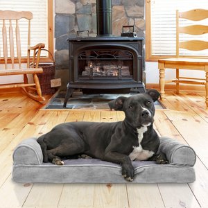 FurHaven Faux Fur Memory Top Bolster Dog Bed w/Removable Cover, Smoke Gray, Medium