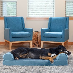 FurHaven Faux Fur Memory Top Bolster Dog Bed w/Removable Cover, Harbor Blue, Large
