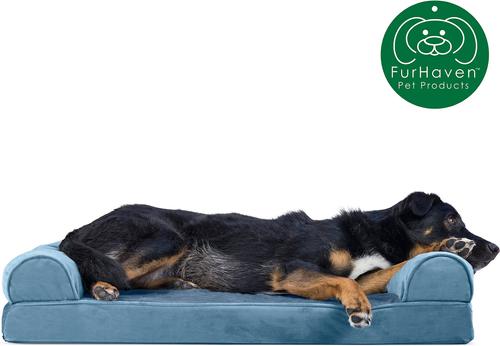 Show full view: FurHaven Faux Fur Memory Top Bolster Dog Bed with Removable Cover, Harbor Blue, Large slide 4 of 11