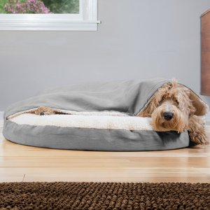 FurHaven Faux Sheepskin Snuggery Orthopedic Cat & Dog Bed w/Removable Cover, Gray, 35-in