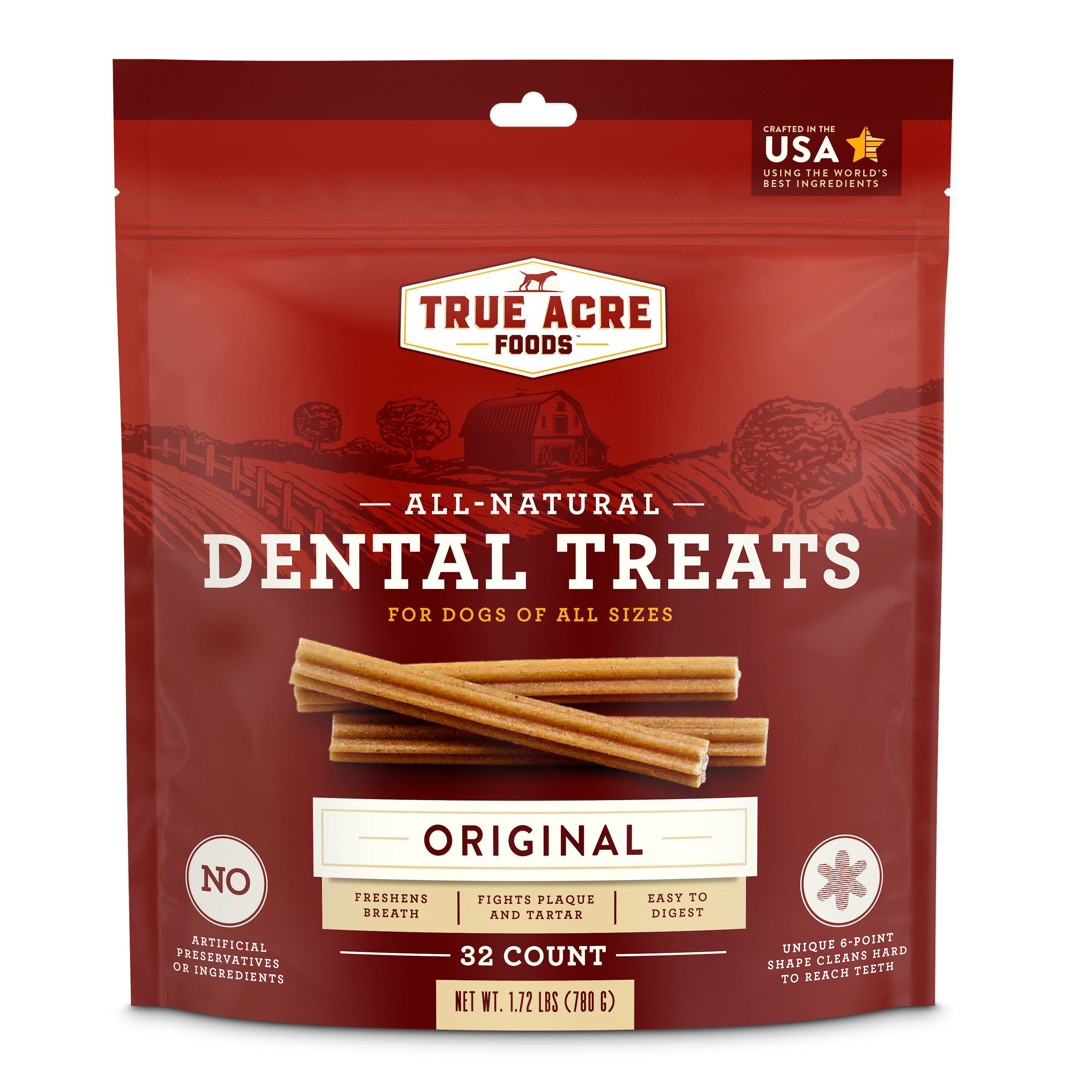 TRUE ACRE FOODS AllNatural Dental Chew Sticks, Original Flavor, 32