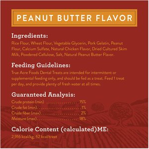 True Acre Foods, All-Natural Dental Chew Sticks, Peanut Butter Flavor, 32 count