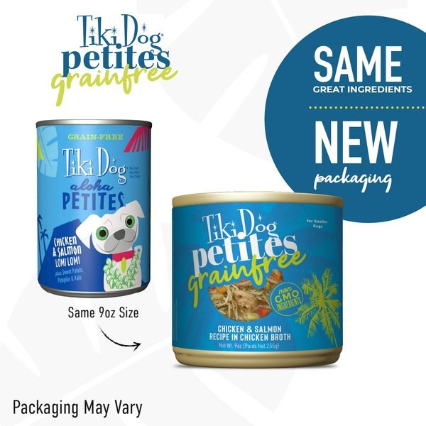 Tiki Dog Meaty Whole Foods Grain-Free Chicken & Salmon Shredded Canned Dog Food, 12-oz, case of 8