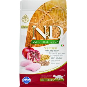 Farmina N&D Ancestral Grain Chicken & Pomegranate Recipe Neutered Cat Dry Food, 3.3-lb bag