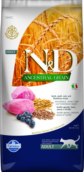 Farmina N&D Ancestral Grain Lamb & Blueberry Recipe Adult Cat Dry Food, 11-lb bag slide 1 of 7