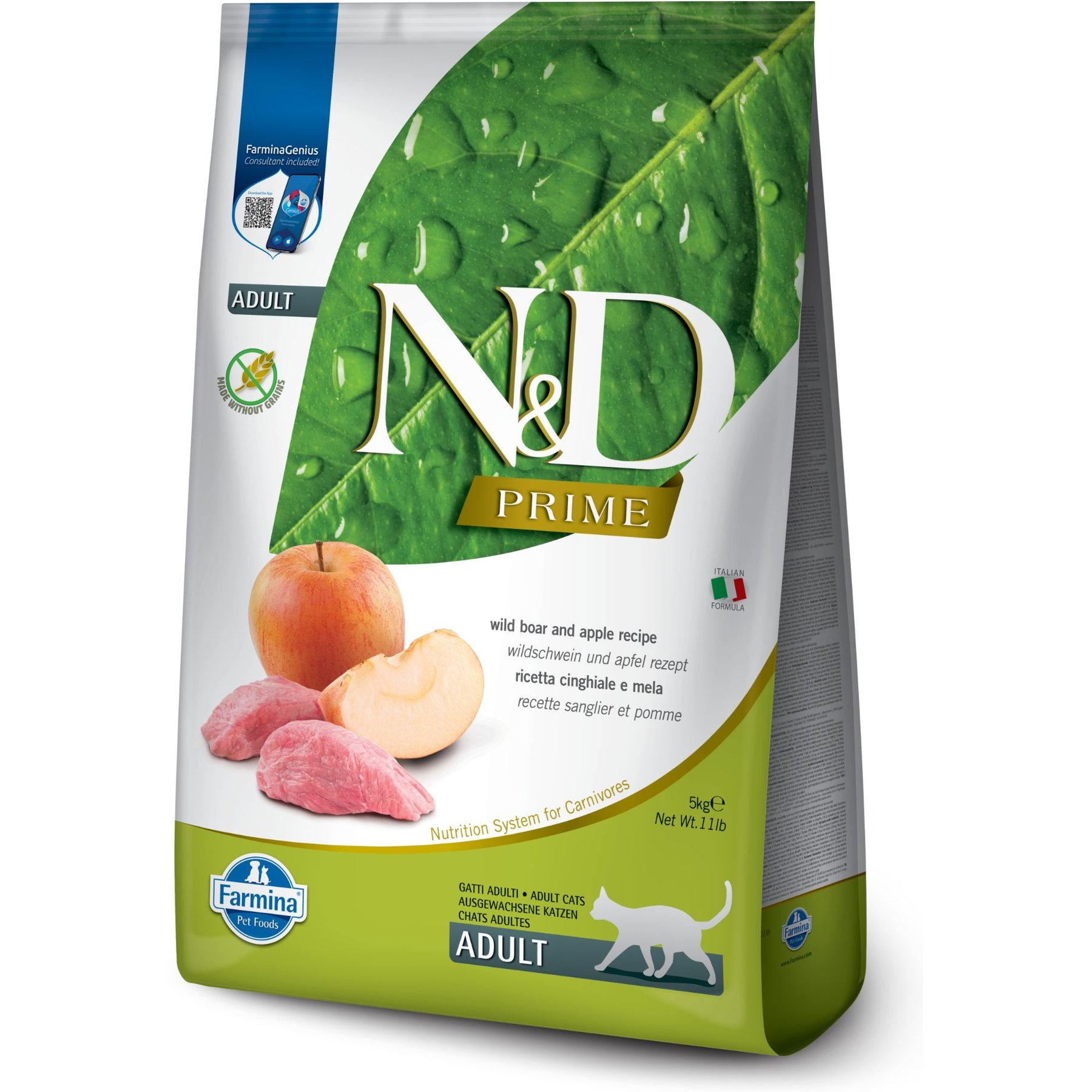 FARMINA N&D Prime Boar & Apple Recipe Adult Cat Dry Food, 11lb bag