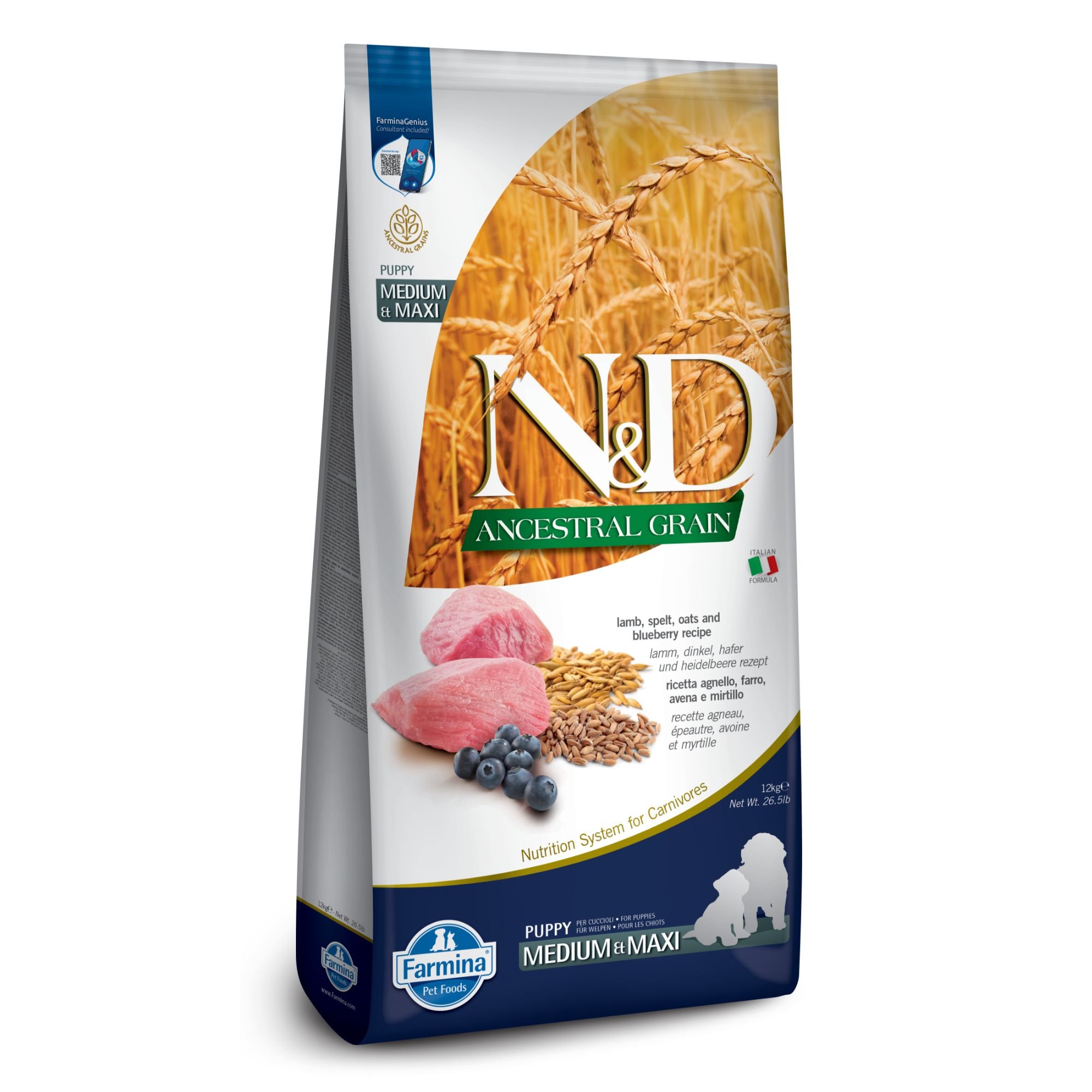 Farmina N&D Ancestral Grain Lamb & Blueberry Recipe Puppy Medium & Maxi Dry Dog Food
