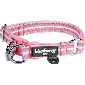 Blueberry Pet 3M Multi-Colored Stripe Polyester Reflective Dog Collar, Pink & White, Small: 12 to 16-in neck, 5/8-in wide