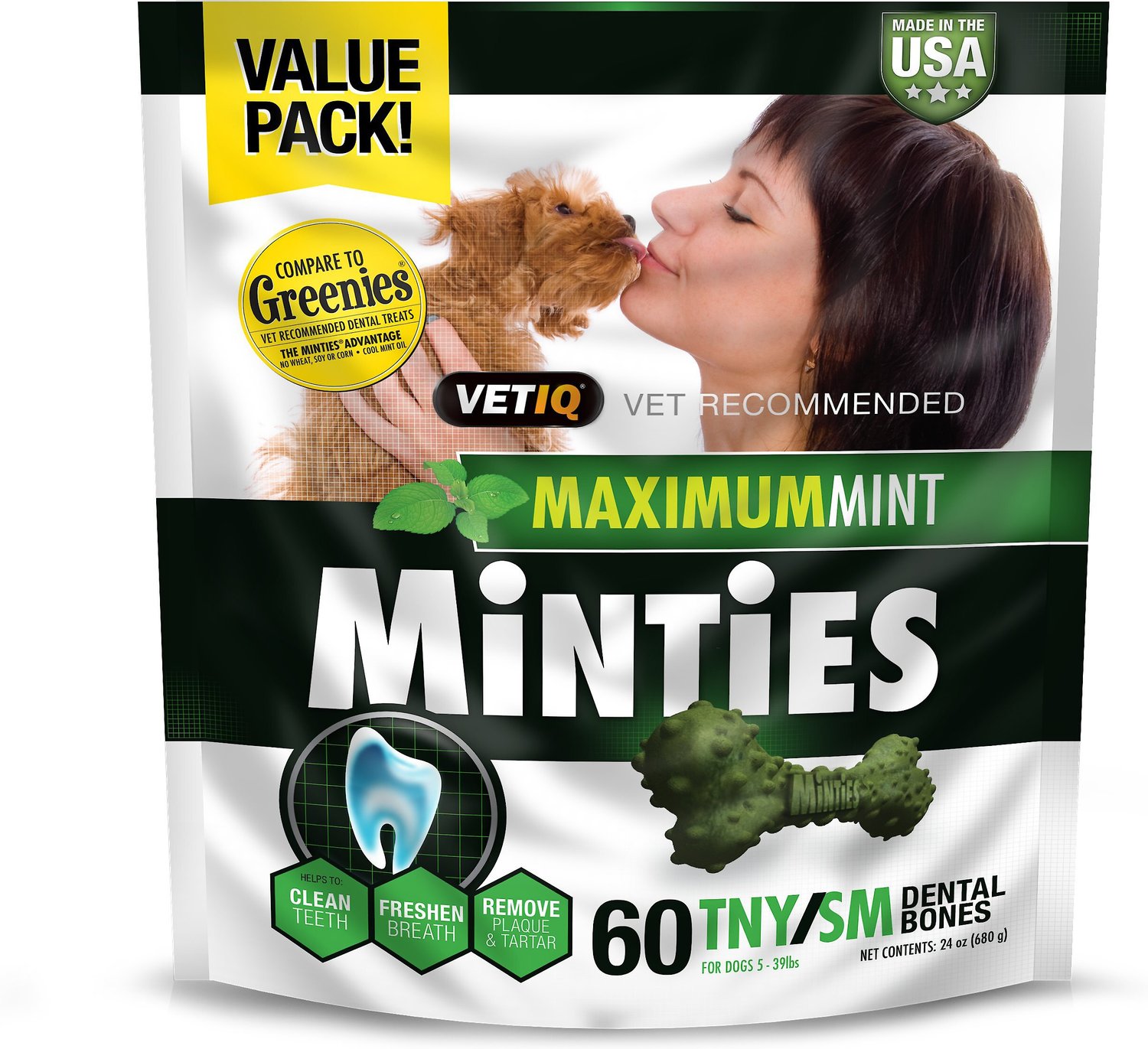 VETIQ MINTIES Tiny/Small Dental Bone Dog Treats, 60 count