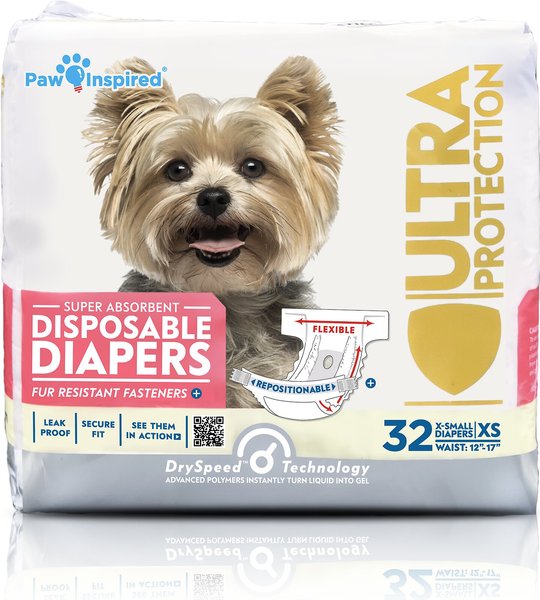 Paw Inspired Ultra Protection Disposable Female Dog Diapers, X-Small: 12 to 17-in waist, 32 count slide 1 of 10