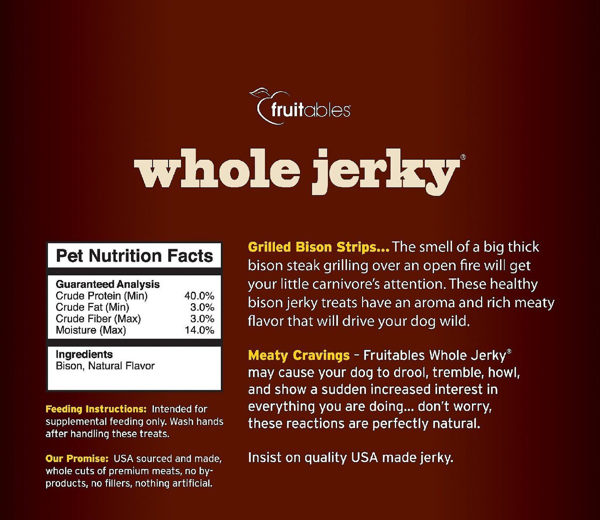 FRUITABLES Whole Jerky Strips Grilled Bison Strips Flavor Dog Treats