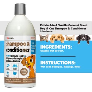 Petkin 4-in-1 Vanilla Coconut Scent Dog & Cat Shampoo & Conditioner, 32-oz bottle