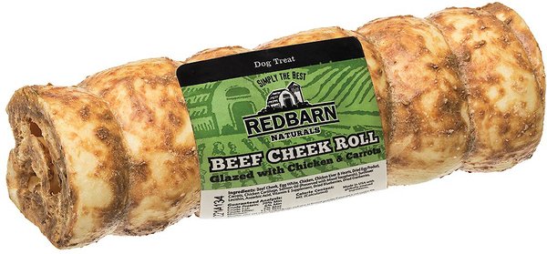 Redbarn All-Natural Beef Cheek Rolls for Dogs These Grain-Free Cow Cheeks are Naturally Rich in Collagen Available in Chicken & Carrot Glaze or Uncoated. 