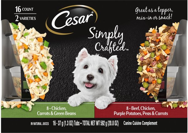 Cesar Simply Crafted Variety Pack Chicken, Carrots & Green Beans & Beef, Chicken, Purple Potatoes, Peas & Carrots Wet Dog Food Topper, 1.3-oz can, 16 count slide 1 of 9