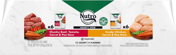 Nutro Hearty Stew Variety Pack Chunky Beef, Tomato, Carrot & Pea Stew & Tender Chicken, Carrot & Pea Stew Adult Wet Dog Food, 12.5-oz can, case of 12 slide 1 of 9
