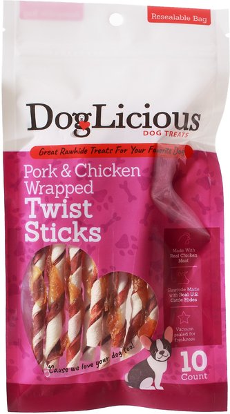 Canine's Choice DogLicious Chicken & Pork Wrapped Twist Rawhide Sticks Dog Treats, 10 count slide 1 of 5