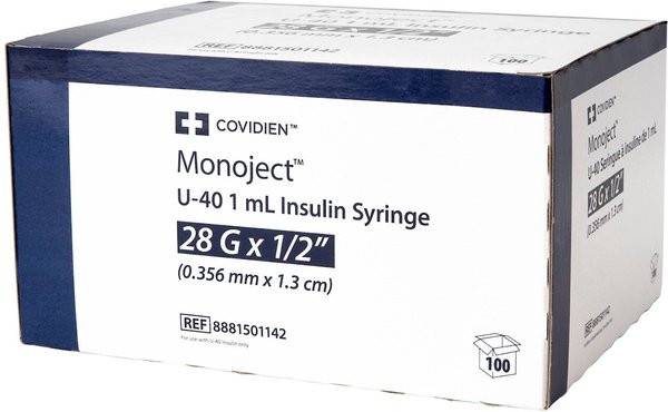 Monoject Insulin Syringes U-40 0.5-in x 28G, 1-cc, 100 syringes slide 1 of 3