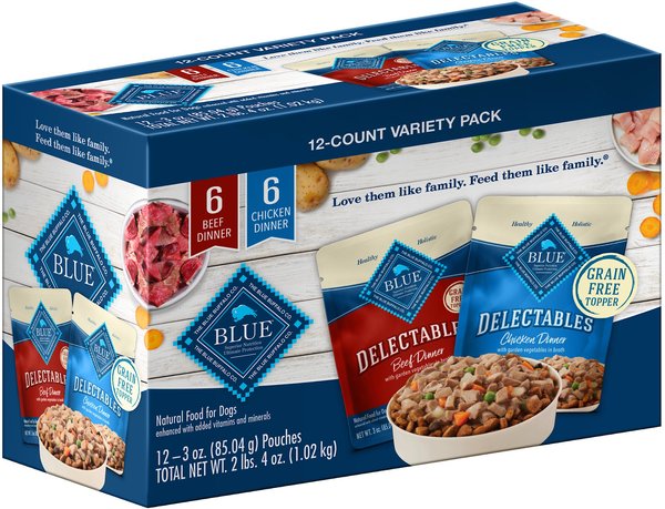 Blue Buffalo Delectables Chicken & Beef Dinner Variety Pack Grain-Free Wet Dog Food Topper, 3-oz pouches, case of 12 slide 1 of 6