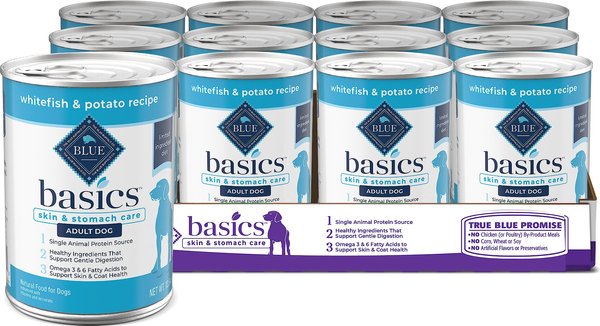 Blue Buffalo Basics Skin & Stomach Care Grain-Free Whitefish Entrée Adult Canned Dog Food, 12.5-oz can, case of 12 slide 1 of 10