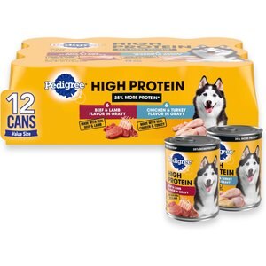 Pedigree High Protein Beef & Lamb Flavor in Gravy & Chicken & Turkey Flavor in Gravy Variety Pack Canned Dog Food, 13.2-oz can, case of 12