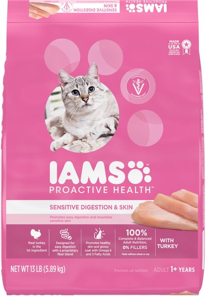 Iams Proactive Health Sensitive Digestion & Skin Turkey Dry Cat Food, 13-lb bag slide 1 of 9