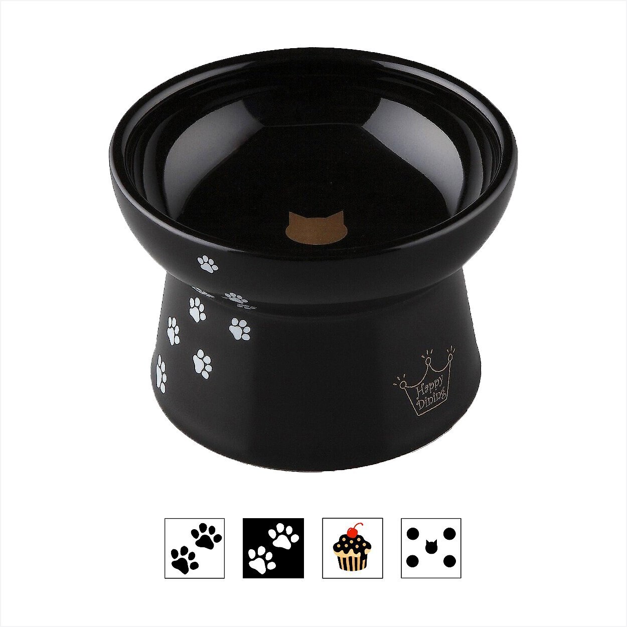 NECOICHI Ceramic Elevated Cat Water Bowl, Black Paw Print, 12.2oz