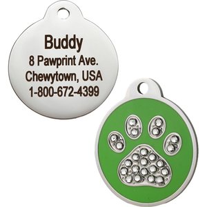 GoTags Stainless Steel Personalized Dog & Cat ID Tag, Swarovski Crystal Paw Print, Green, Small
