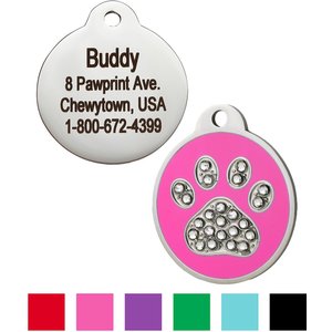 GoTags Stainless Steel Personalized Dog & Cat ID Tag, Swarovski Crystal Paw Print, Pink, Small