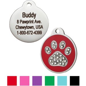 GoTags Stainless Steel Personalized Dog & Cat ID Tag, Swarovski Crystal Paw Print, Red, Small