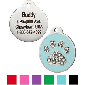 GoTags Stainless Steel Personalized Dog & Cat ID Tag, Swarovski Crystal Paw Print, Blue, Regular