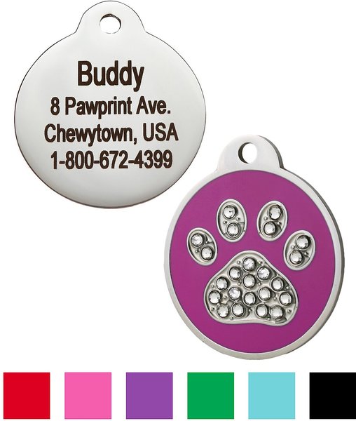 GoTags Stainless Steel Personalized Dog & Cat ID Tag, Swarovski Crystal Paw Print, Purple, Regular slide 1 of 5
