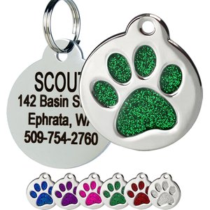 Frisco Stainless Steel Personalized Dog & Cat ID Tag, Paw Print, Green Glitter, Small