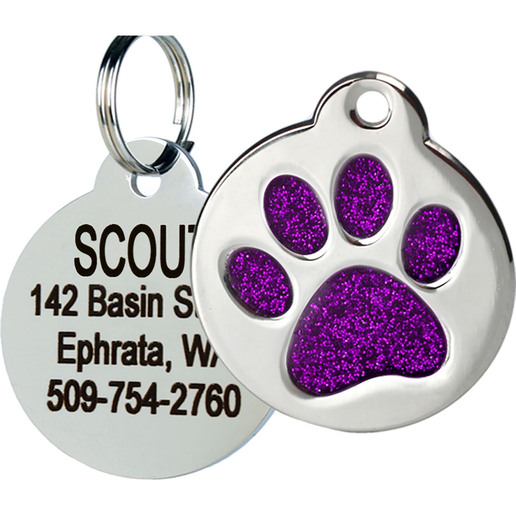 GoTags Personalized Stainless Steel Dog Cat ID Tag Paw Print Purple Glitter Small