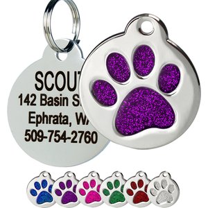 Frisco Stainless Steel Personalized Dog & Cat ID Tag, Paw Print, Purple Glitter, Small