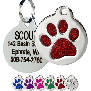 Frisco Stainless Steel Personalized Dog & Cat ID Tag, Paw Print, Red Glitter, Small