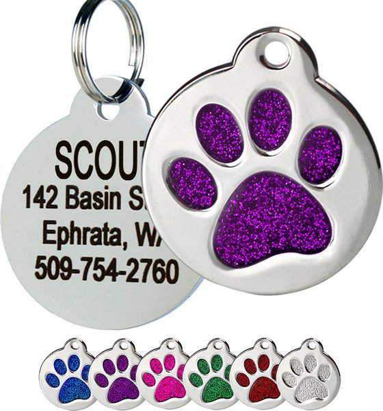 Frisco Stainless Steel Personalized Dog & Cat ID Tag, Paw Print, Purple Glitter, Regular slide 1 of 2