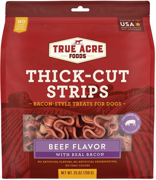 True Acre Foods Thick Cut Strips with Real Bacon & Beef Dog Treats, 25-oz bag slide 1 of 7