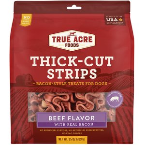 True Acre Foods Thick Cut Strips with Real Bacon and Beef Dog Treats, 25-oz bag