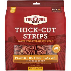 True Acre Foods Thick Cut Strips with Real Bacon and Peanut Butter Flavor Dog Treats, 25-oz bag
